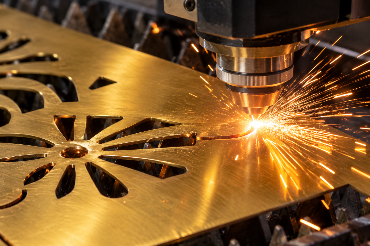 Découpe laser d'une tôle de laiton avec gerbe d'étincelles